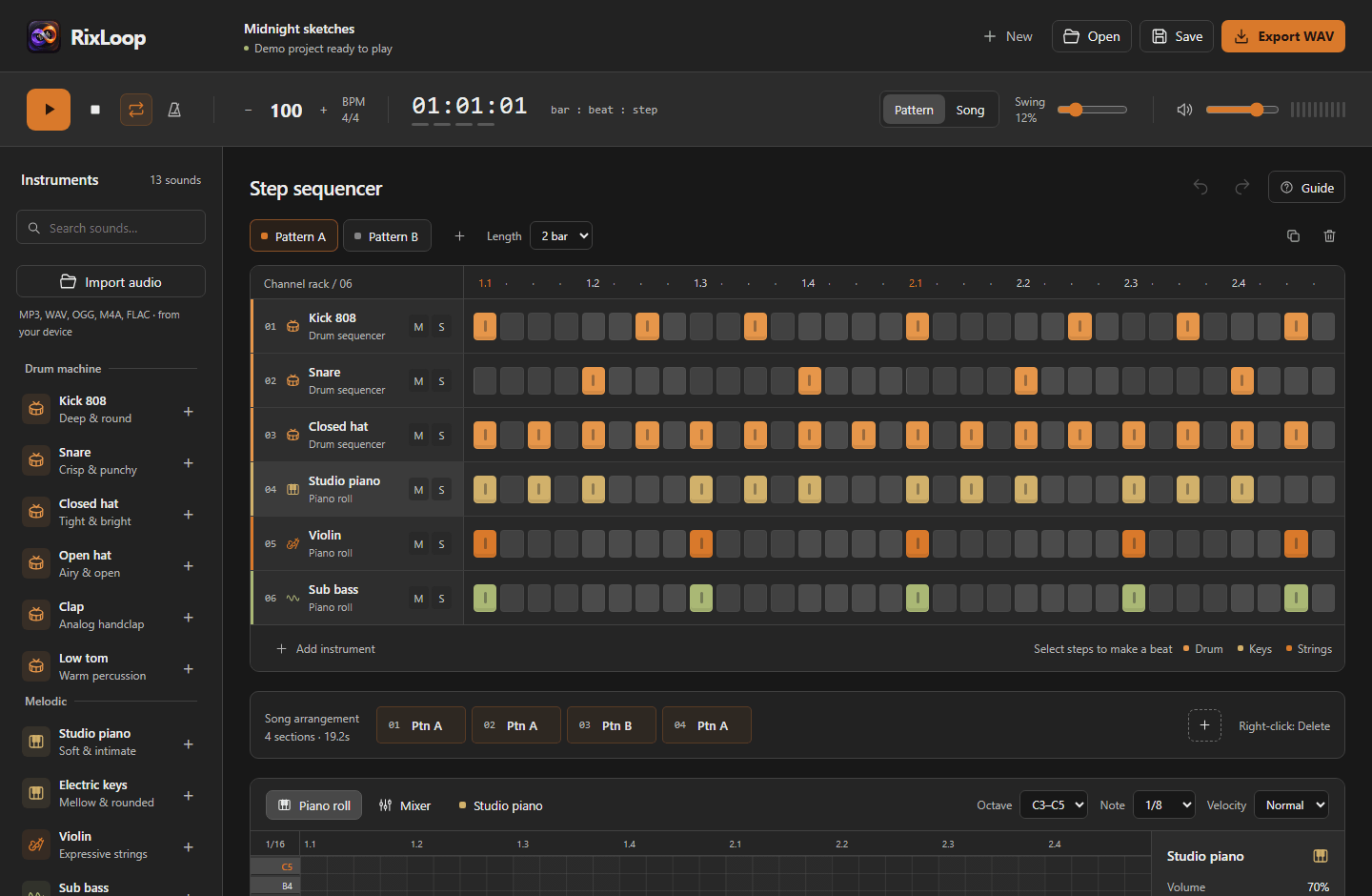 RixLoop's dark gray workspace with orange accents with drum tracks, a step sequencer, song arrangement, and piano roll.